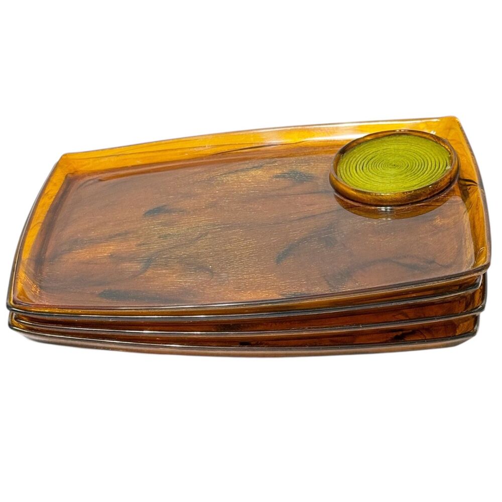 x4 Vintage Mid Century Modern Tortoise Shell Lucite Snack Trays with Coaster